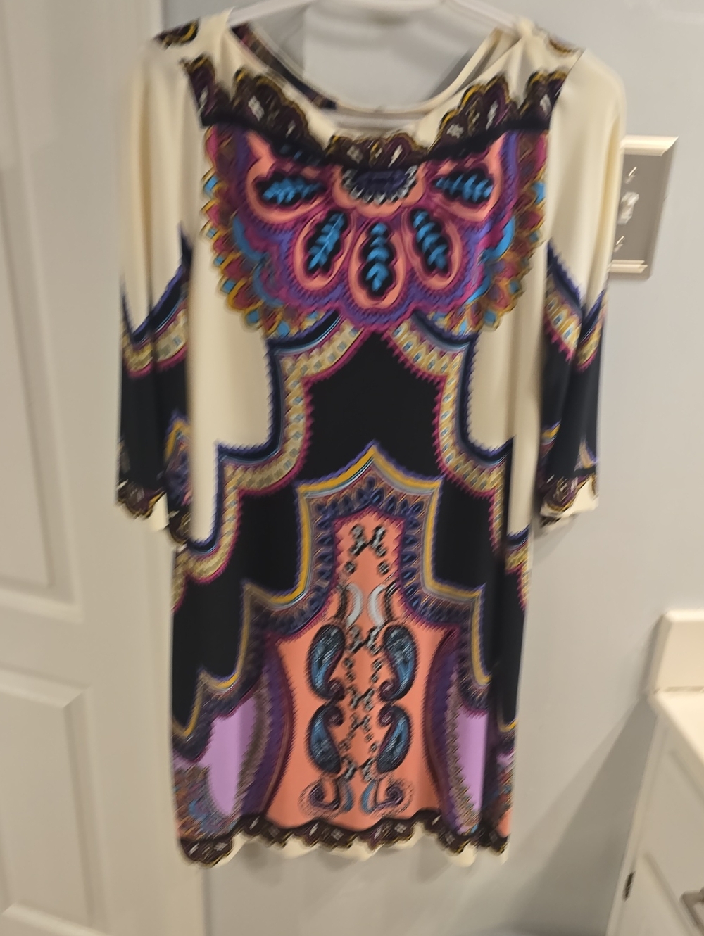 Donna Morgan Ivory Midi Dress with Pink, Blue and Purple Pattern